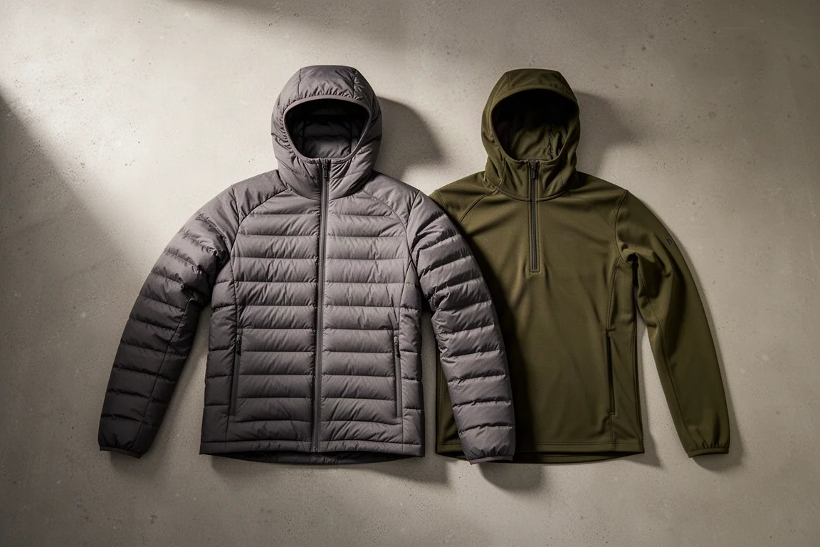 Lightweight synthetic jacket and olive quarter-zip mid layer arranged on a concrete surface
