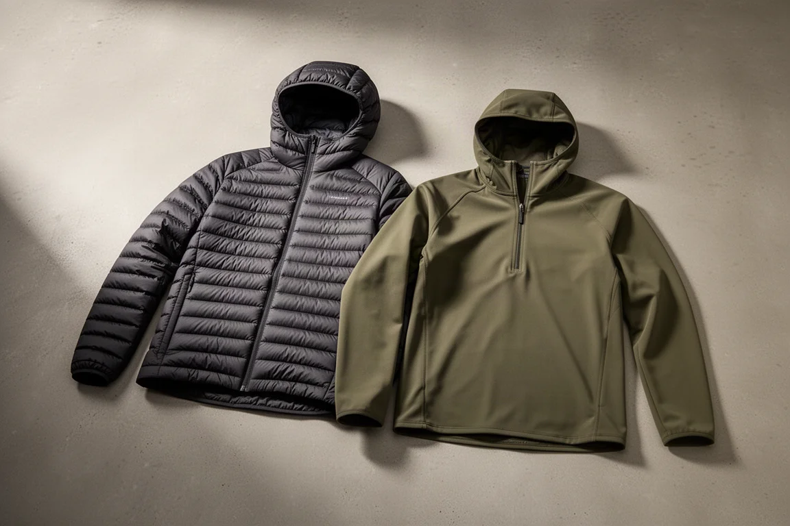 Two lightweight synthetic insulated jackets arranged on a matte concrete surface