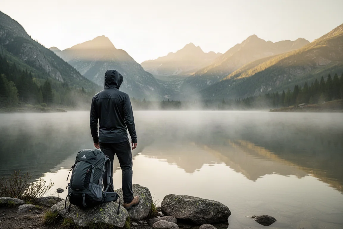 Mochilero en una cresta alpina al amanecer con ropa por capas bajo la mochila