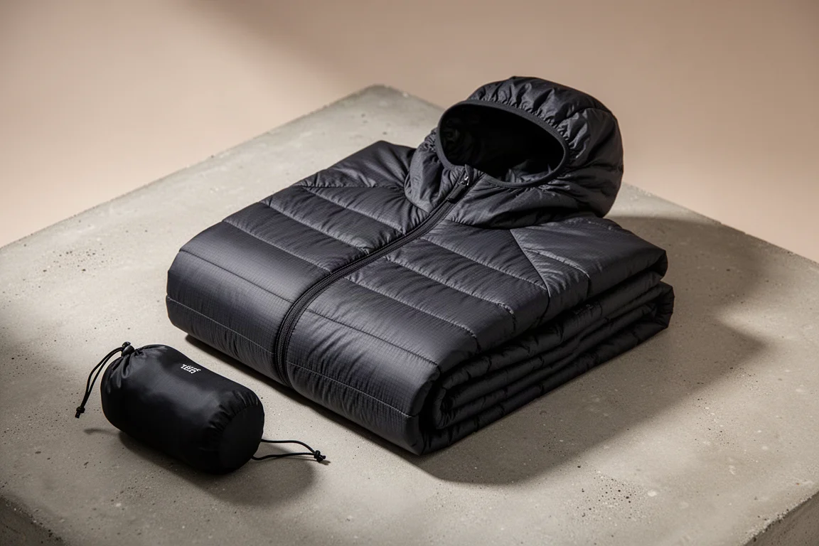 Folded black hooded mid layer jacket and stuff sack on a concrete surface