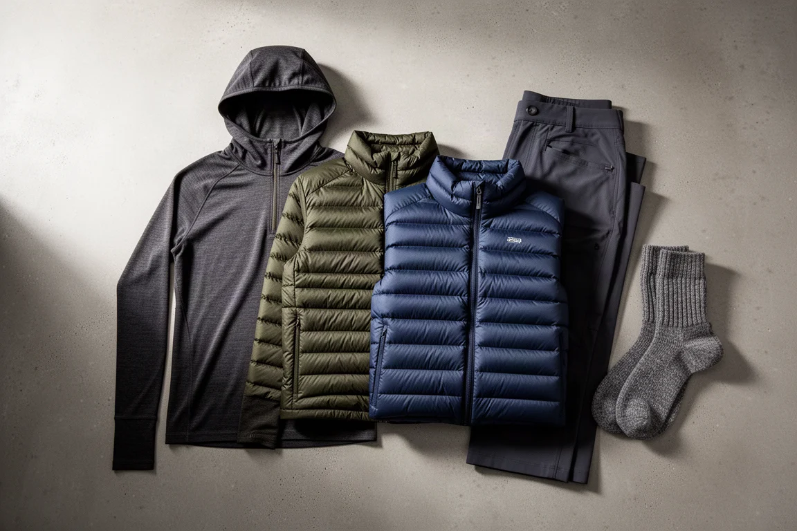 Strati per backpacking invernale stesi su cemento: base layer, mid layer, giacca in piumino e pantaloni