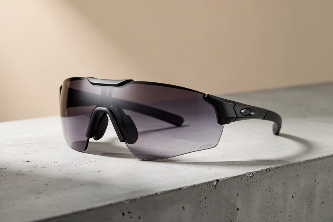 Wraparound photochromic sports sunglasses with gradient tinted lens on concrete