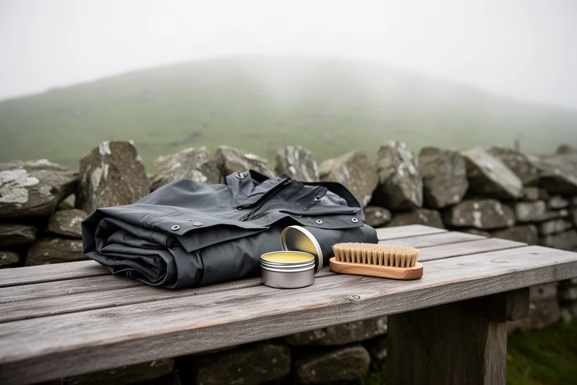Folded waterproof jacket, tin of wax, and bristle brush on a wooden bench beside a stone wall