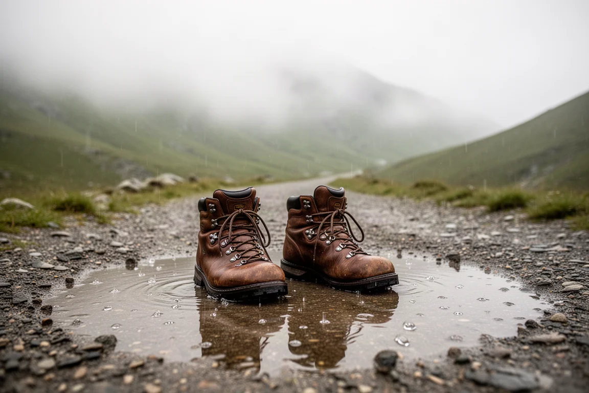 Walking boots standing in a shallow puddle on a gravel trail with misty hills behind