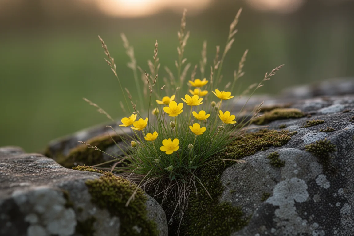 Small yellow wildflowers and grasses growing along a stone wall in soft evening light