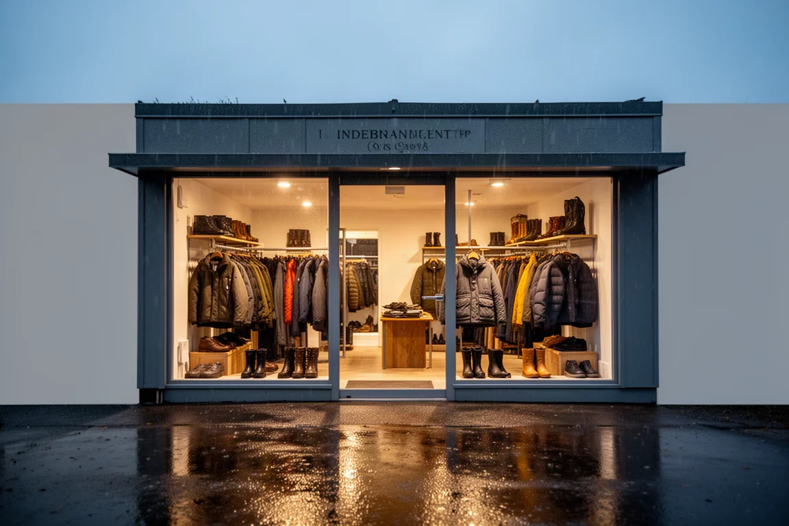 Small independent outdoor shop at dusk with warm light spilling onto wet pavement