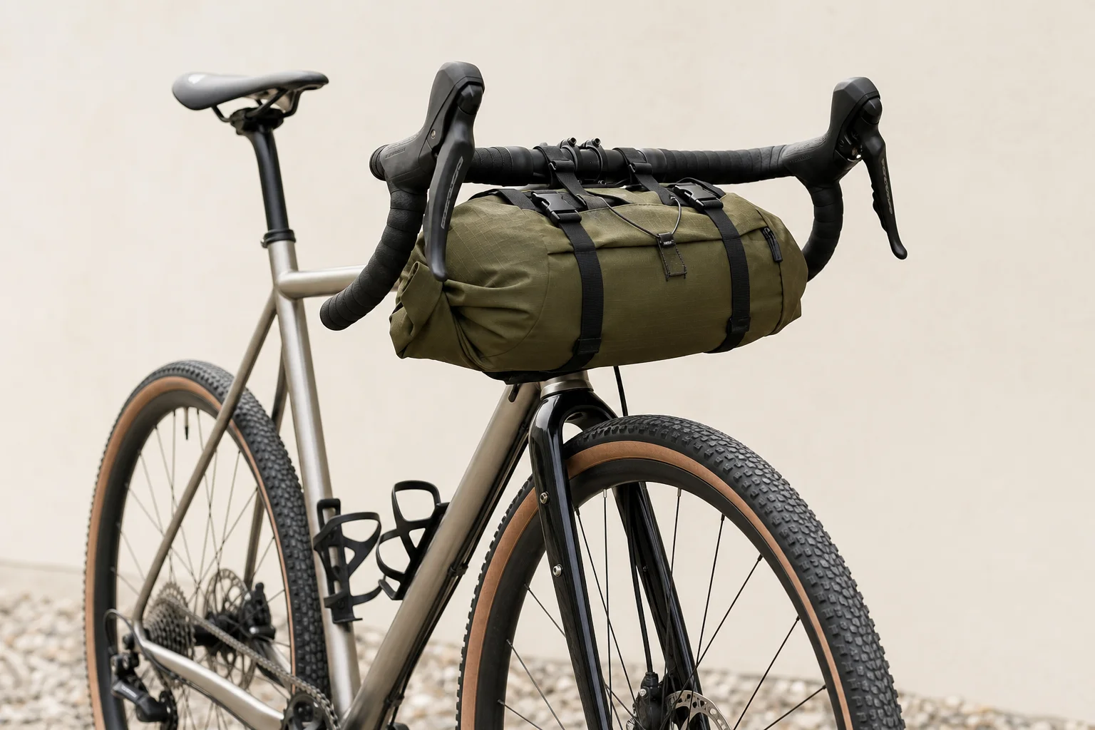 Borsa da manubrio verde oliva montata sul manubrio di una bici gravel con visuale libera