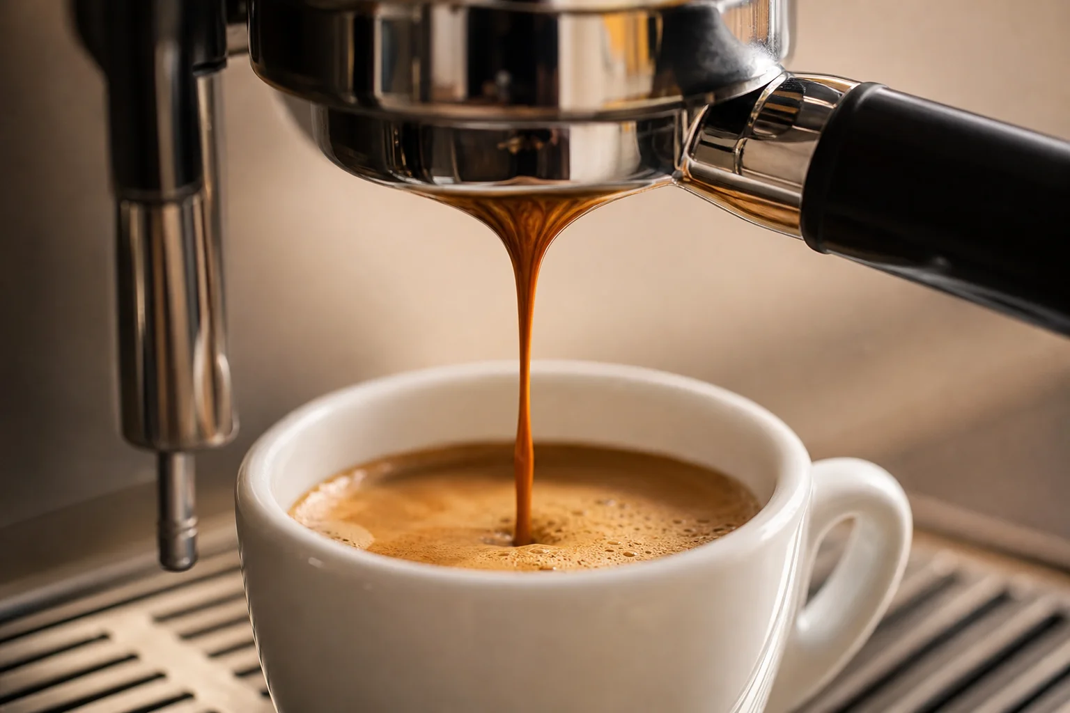 Espresso extraction in progress showing rich crema and dark liquid flowing into a cup
