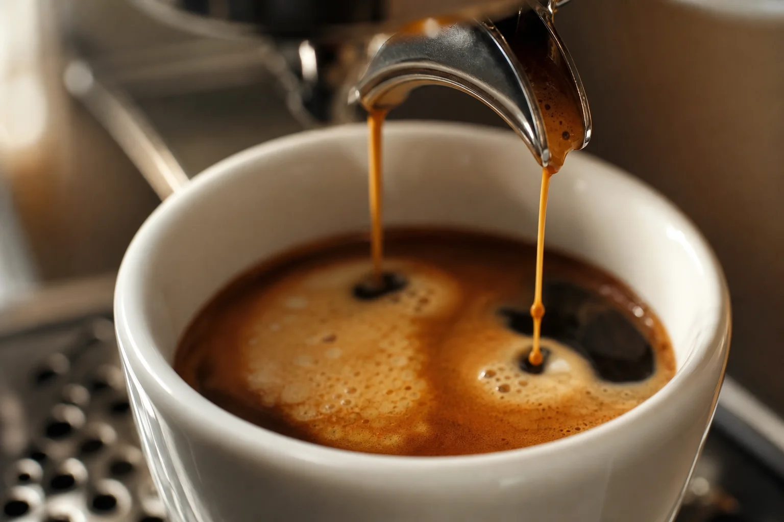 Espresso extraction with rich crema in white cup