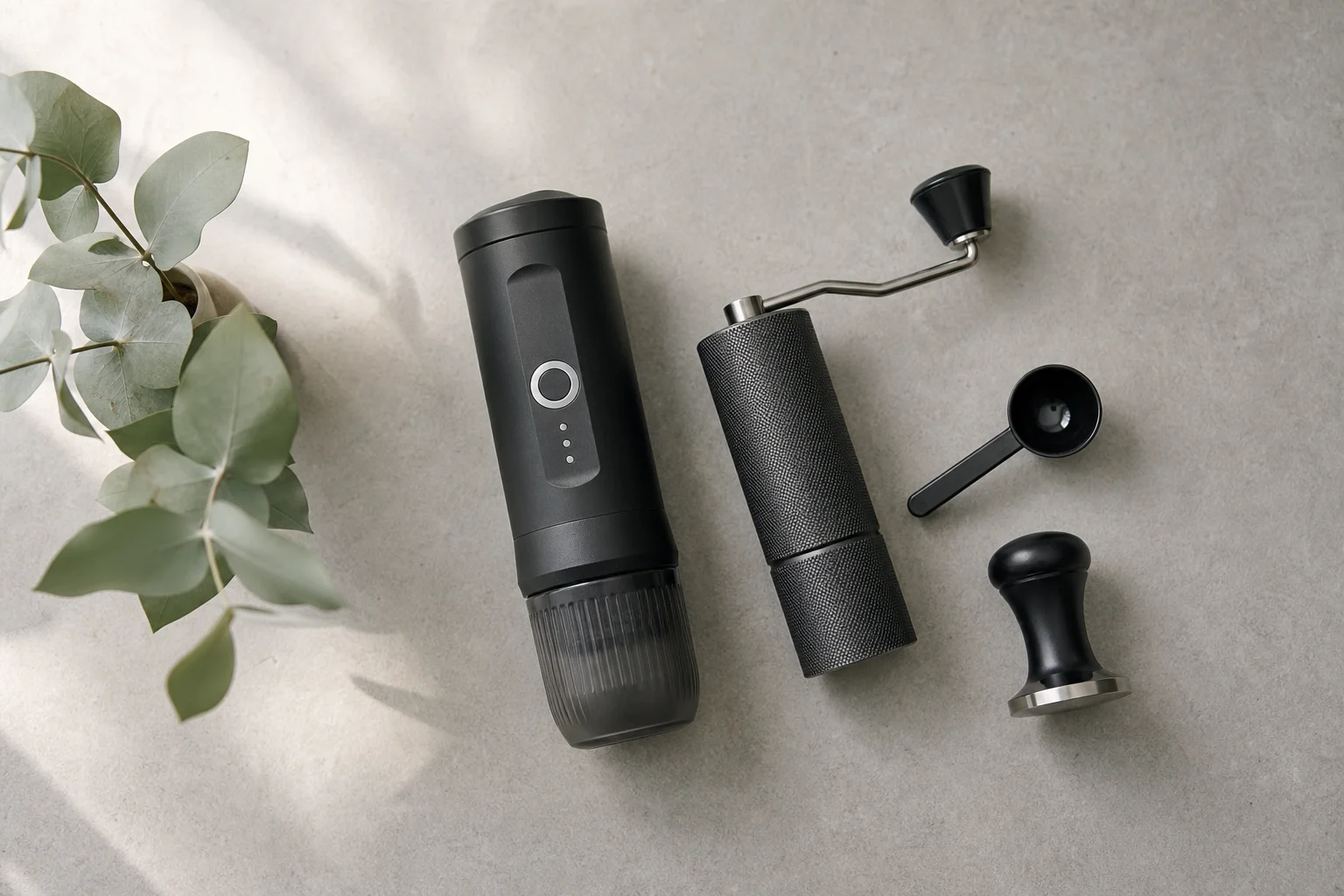 Portable espresso maker with grinder and accessories on a travel surface