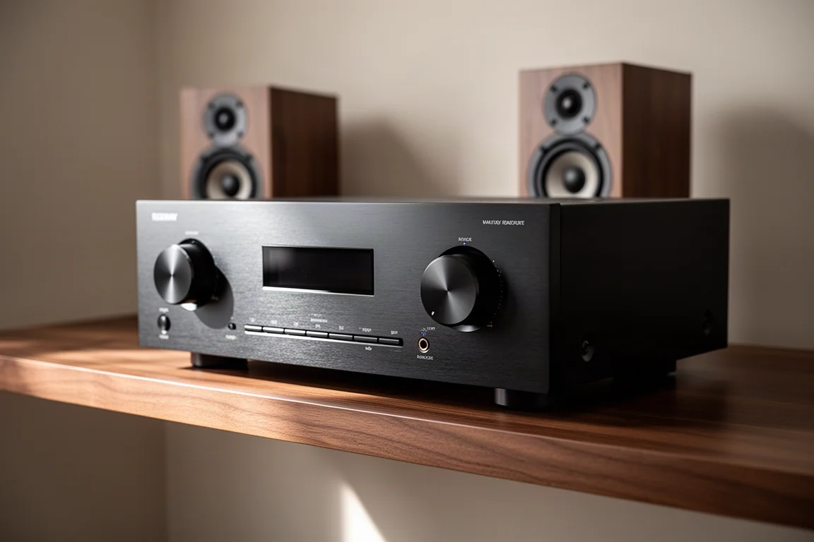 Black stereo receiver with brushed metal front panel and large knobs on a walnut shelf