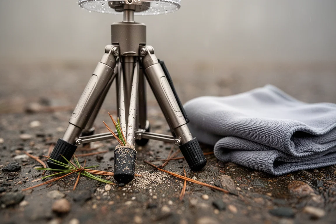 砂利の上に置かれた、折りたたまれた金属製三脚の脚のクローズアップ