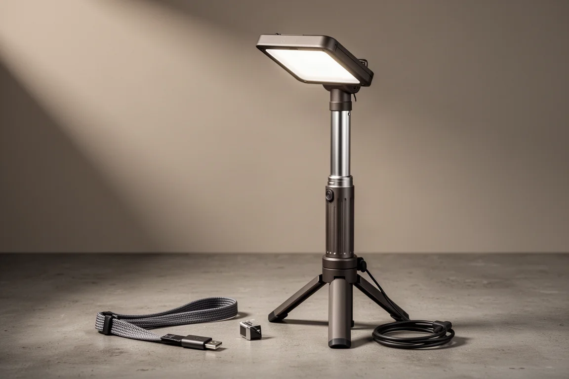 Telescoping camping lantern with aluminium head standing on a matte concrete surface