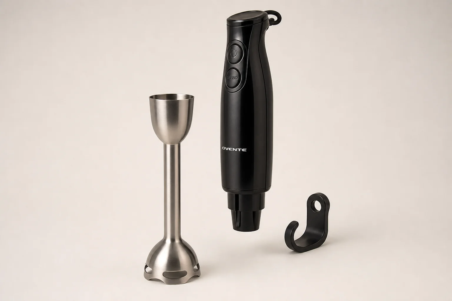 Collection of ten hand immersion blenders arranged on concrete surface