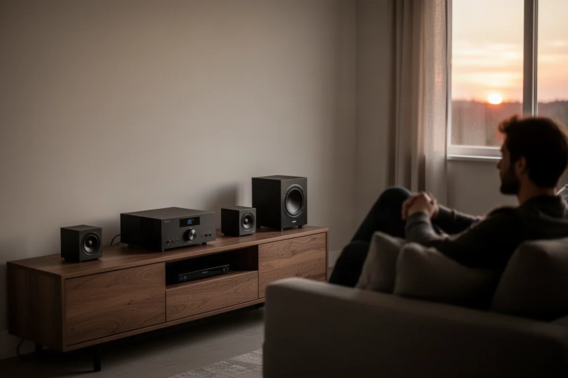 Soggiorno con un compatto sistema home theater e un divano
