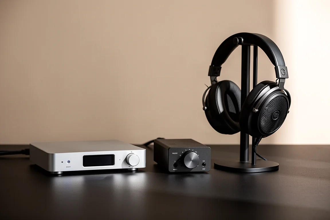 Configurazione audio da scrivania con un DAC, un amplificatore per cuffie e cuffie