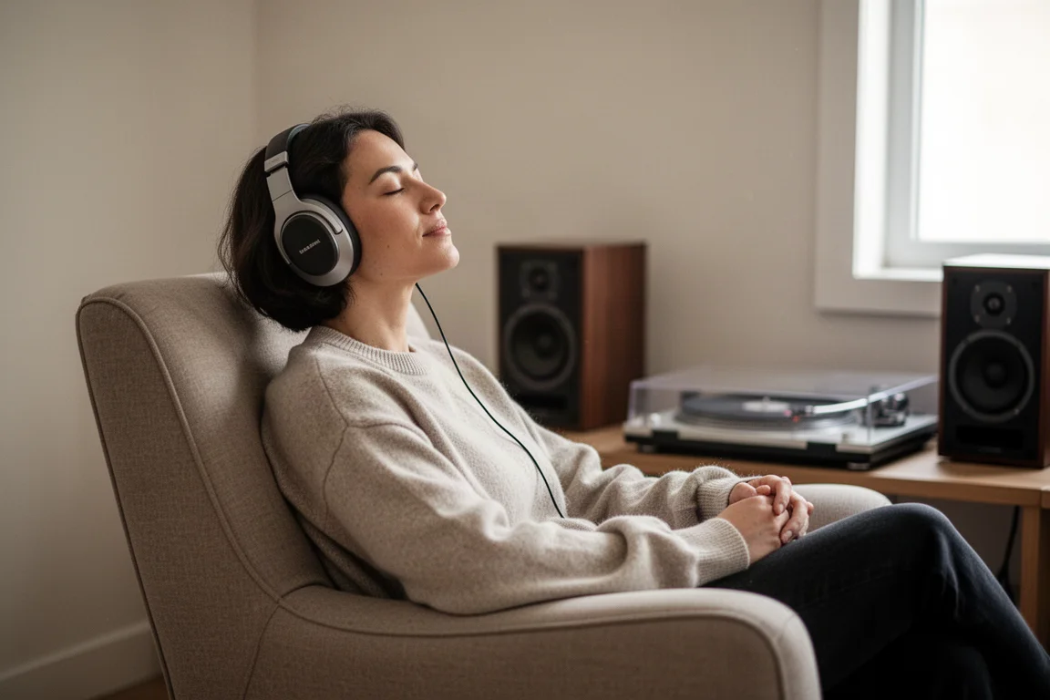 Persona che ascolta le cuffie in una stanza silenziosa con luce soffusa