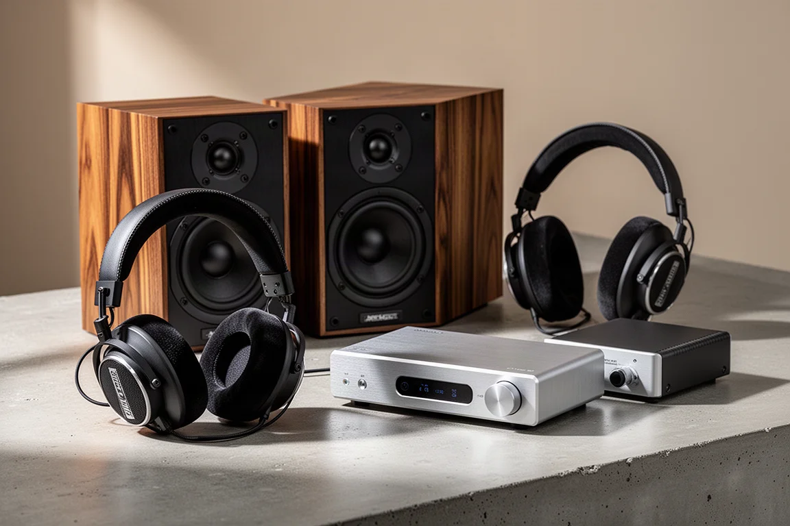 High-fidelity audio components arranged on a concrete surface