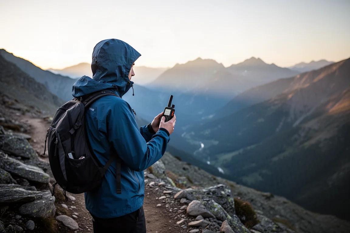 Hiker on a remote mountain trail checking a handheld satellite communicator