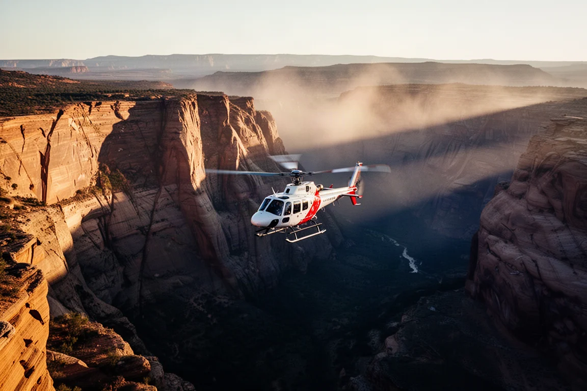 Rescue helicopter flying low over a remote canyon in late afternoon light
