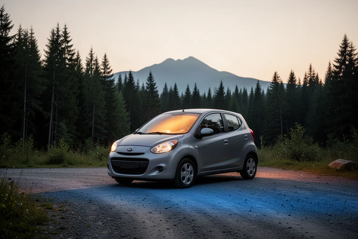 Empty car parked at a gravel trailhead at dusk with forest behind