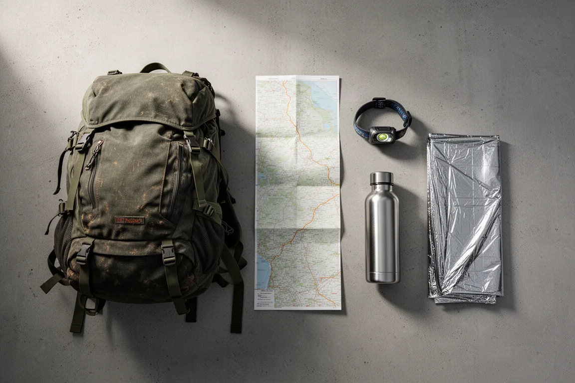 Flat lay of outdoor gear including backpack, map, headlamp and water bottle