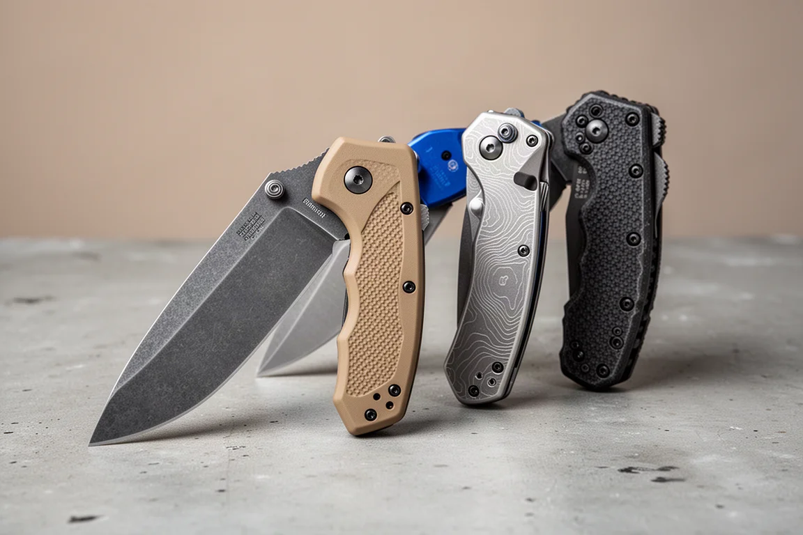 Four folding EDC knives arranged on a concrete surface