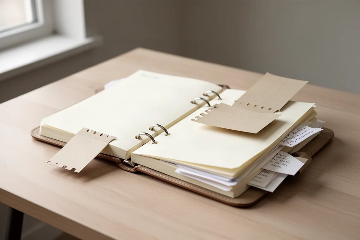Open dubbelringnotitieboek op een bureau met kleine ingekerfde post-its aan de ringen bevestigd