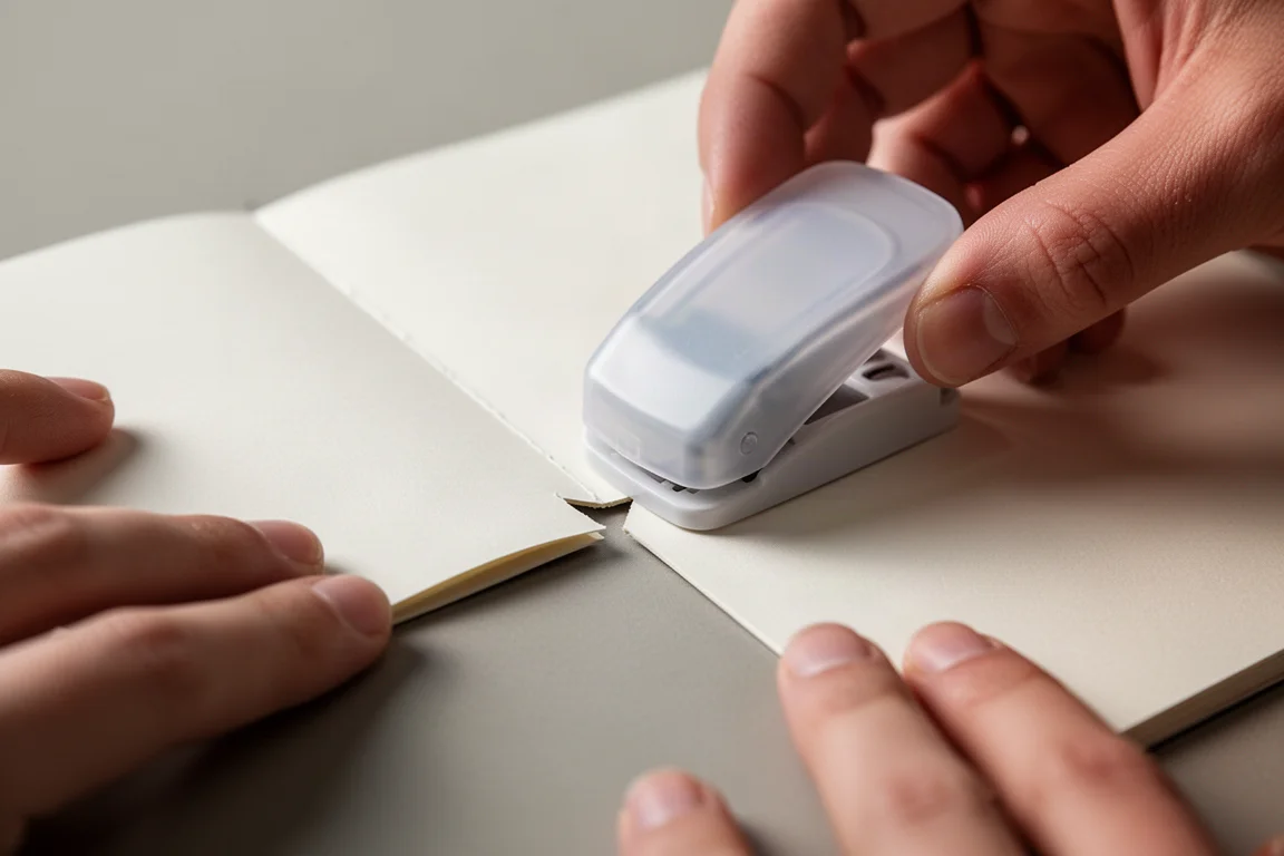 Hand die de rand van een notitieboekpagina voorziet met een compacte indexpons