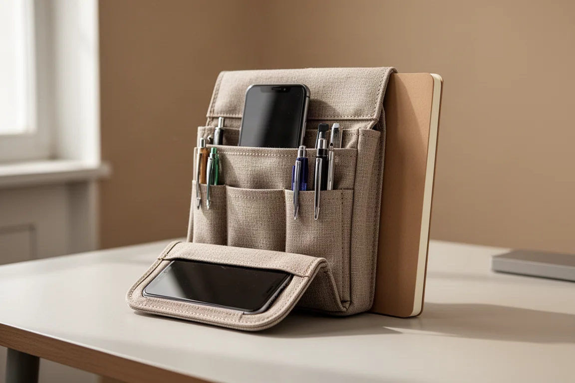 Staande stoffen tooltasje op een bureau met pennen, een notitieboek en een telefoon