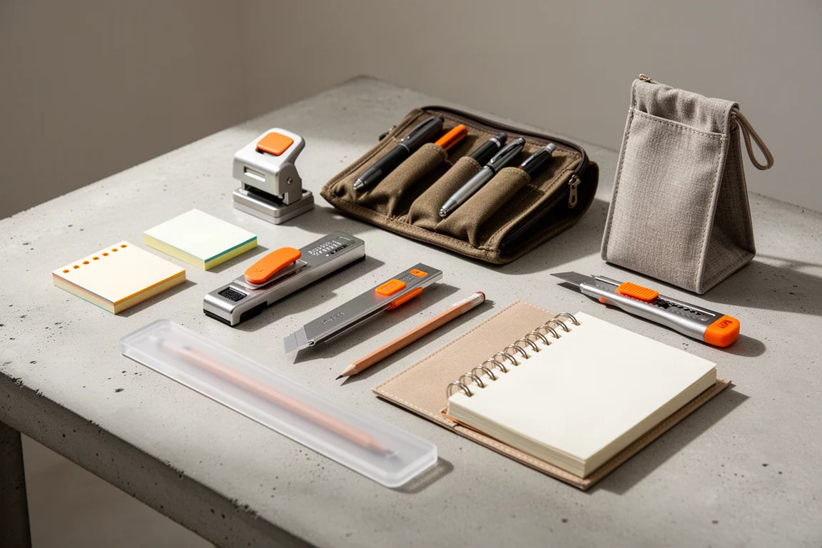 Collection of Japanese stationery tools arranged on a light desk surface