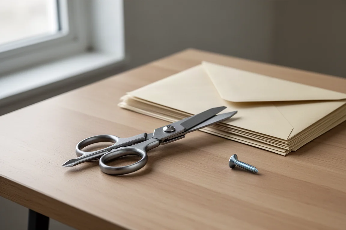 Compact Japanese scissors with a screwdriver tip resting on a desk beside envelopes