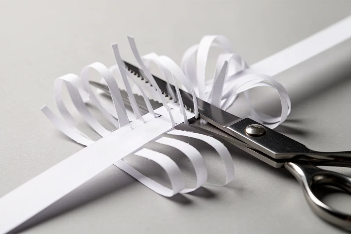 Multi-blade shredder scissors cutting a thin strip of paper on a work surface
