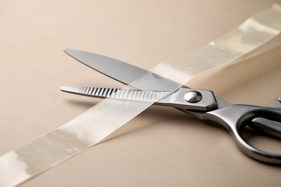 Curved-blade scissors with grooved edges cutting cleanly through tape