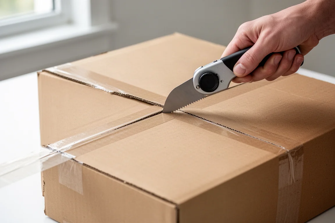 Small serrated cardboard cutter with rounded blade slicing open a shipping box