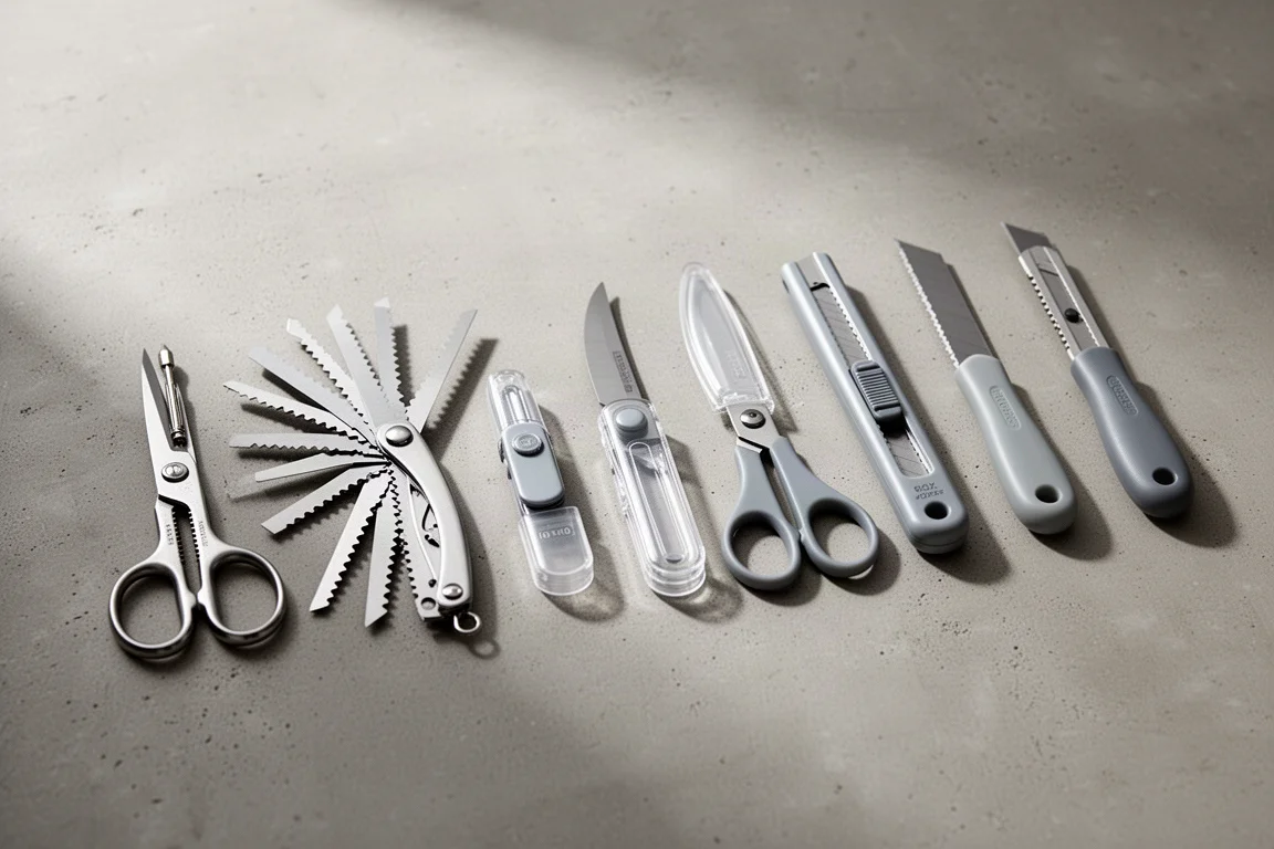 Eight Japanese scissors and cutters arranged in a row on a concrete surface