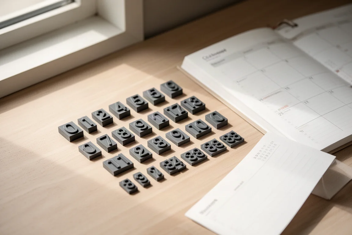 Piezas de sello numérico modular dispuestas en una pequeña cuadrícula sobre un escritorio