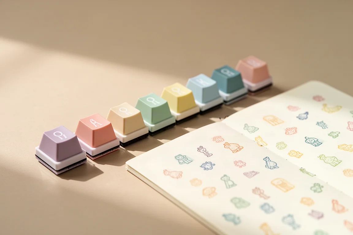 almohadillas de sello en miniatura estilo teclado presionadas sobre una página de diario