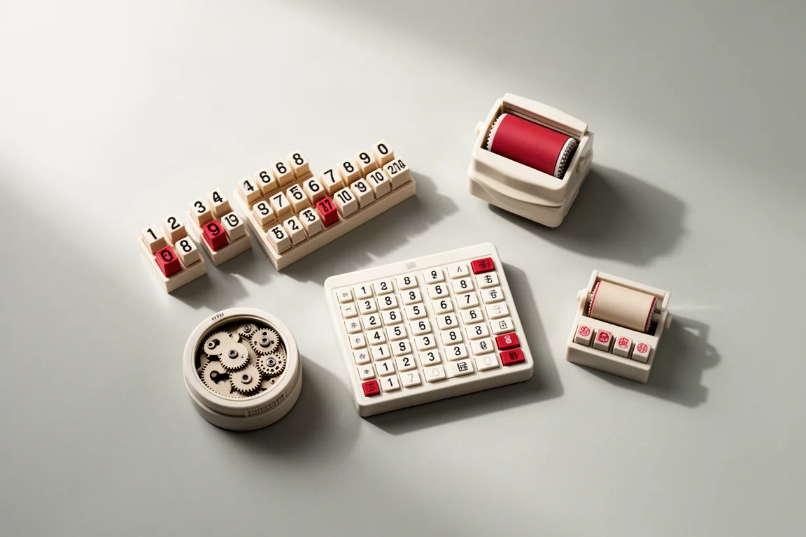 Flat-lay of various Japanese desk stamps including modular, rotating, and mini designs
