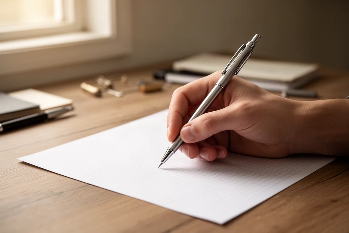 Hand writing with a mechanical pencil on grid paper in soft daylight