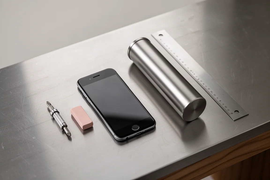 Flat-lay of desk tools and stationery next to a multifunction pencil barrel