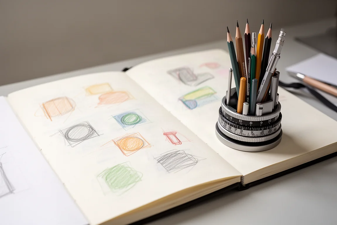 Designer sketching colored notes in a notebook with a multi-lead holder