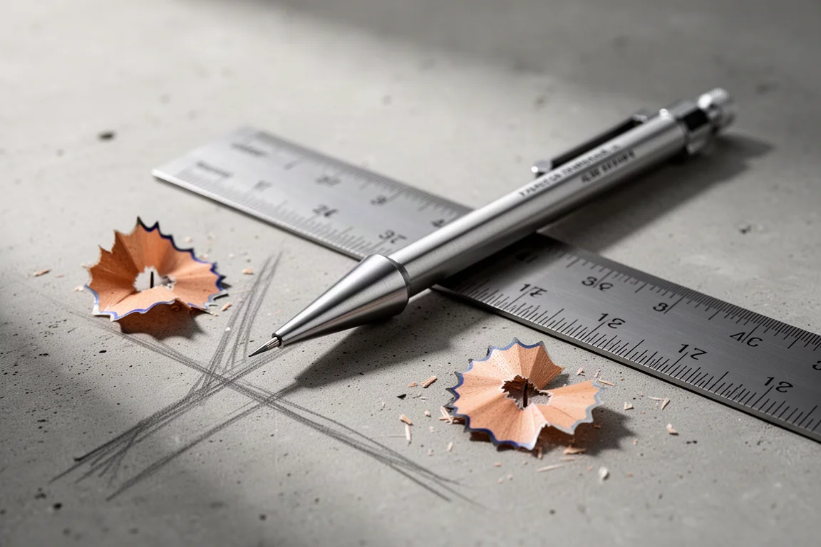 Precision drafting pencil with extended lead sleeve resting on a metal ruler