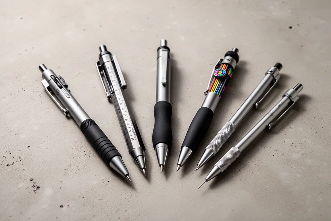 Six mechanical pencils with different grips and mechanisms arranged on a concrete surface