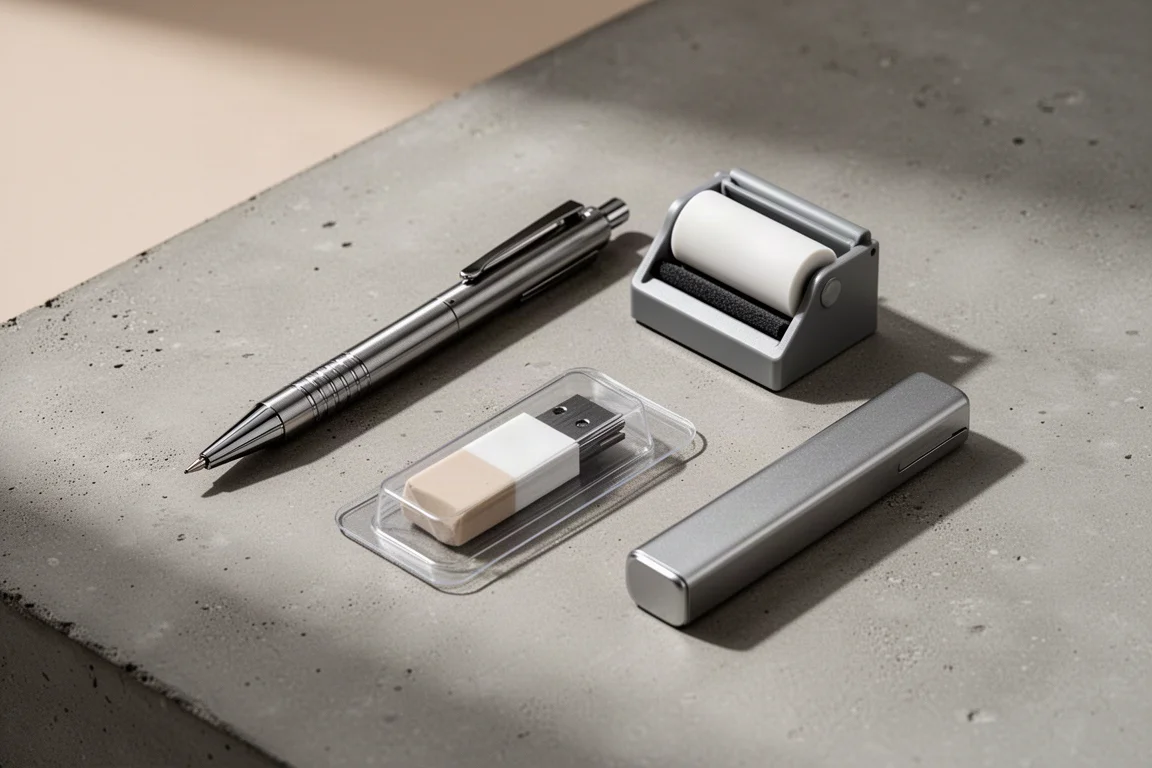 Flat lay of a mechanical pencil, eraser, desk cleaner, and metal lead case on concrete