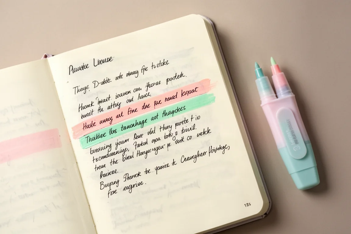 Notizbuchseite mit leuchtender Pastell-Markierung über handschriftlichen Notizen