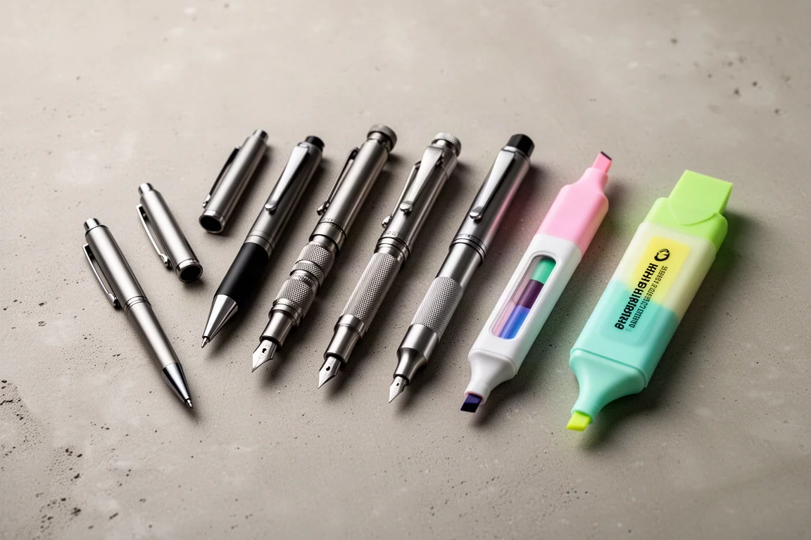 Lineup of nine ballpoint, machined, and highlighter pens on a concrete surface