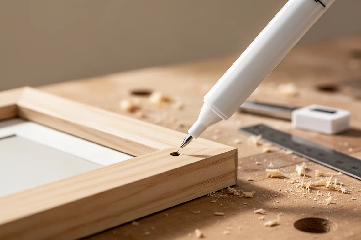 Pennarello sottile con punta allungata che raggiunge una fessura stretta su una cornice in legno