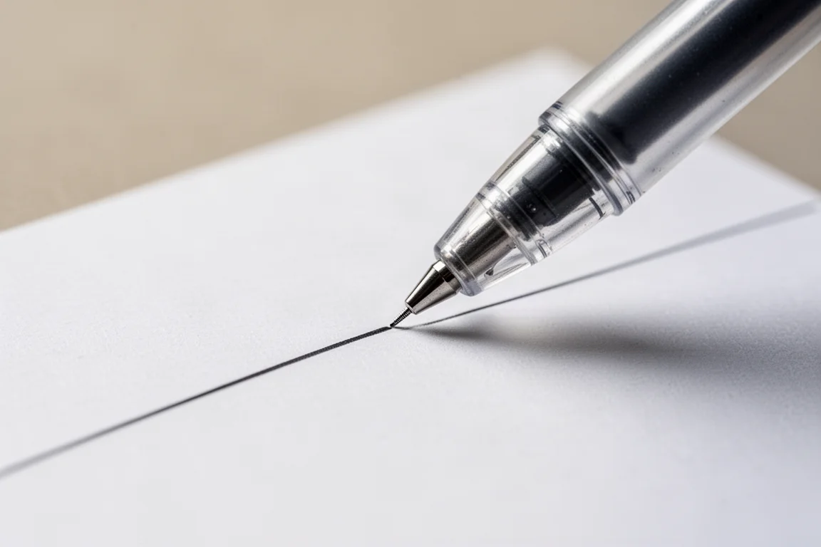Primo piano di una penna gel a punta fine che scrive linee sottili e nitide su carta bianca