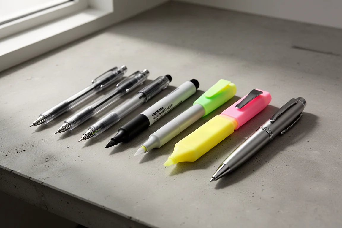 A lineup of nine pens and markers including gel pens, a marker, a highlighter, and a metal rollerball on a concrete desk